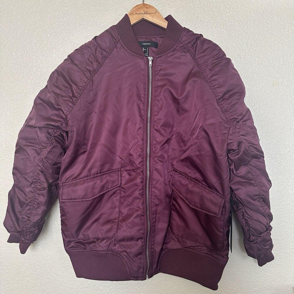 forever 21 Oversized Bomber Jacket NWT‎ Maroon Size Small Rouched Sleeves